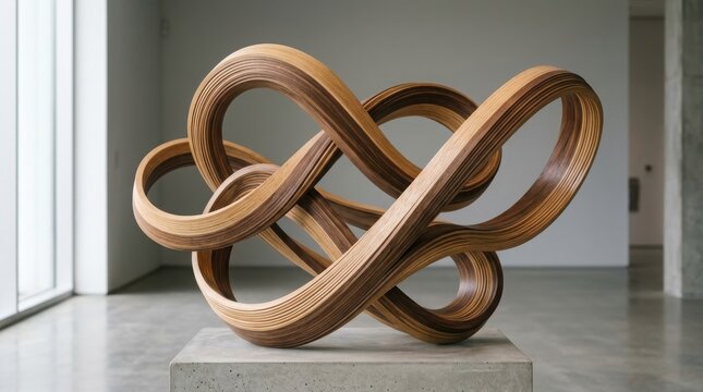 Elegant wooden sculpture of a continuous knot displayed indoors with natural light and minimalist architecture