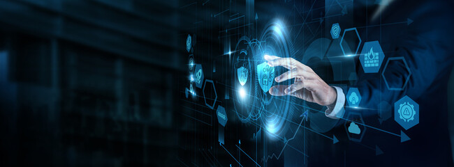Cybersecurity Specialist touching cybersecurity and digital data. Threat detection, data protection, network security, risk management, information security. © Theyone
