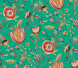 seamless floral pattern Art Beautiful seamless floral pattern featuring hand-painted flowers, ornamental paisley motifs, and decorative foliage in soft pastel and vibrant hues. The design combines pi  © Venkatsai