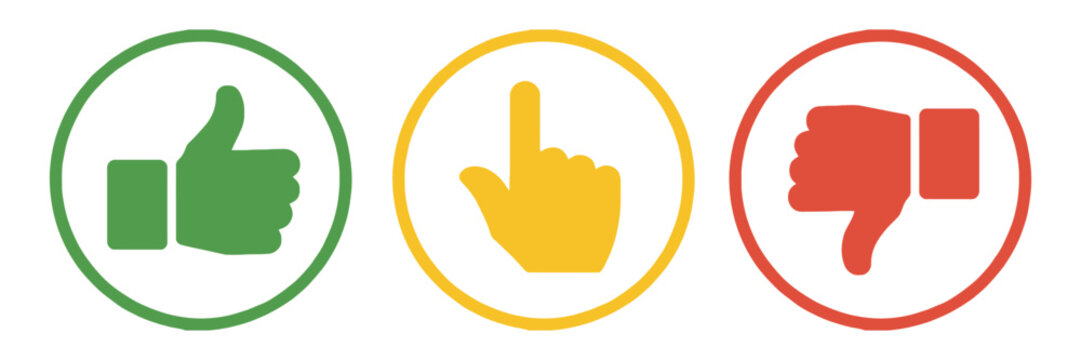 Like dislike neutral thumb icon set featuring minimal flat outline symbols in green, yellow, and red for feedback, ratings, approval, neutrality, and disapproval
