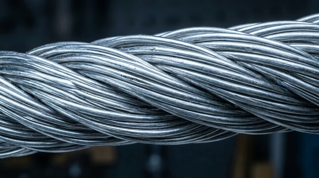 Macro view of twisted silver wire cable. Braided metallic steel rope texture. Industrial strength and engineering concept