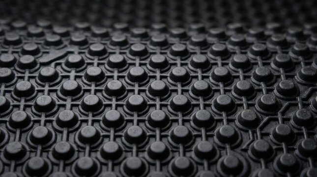 Close up of a black waterproof membrane for foundation walls. Dimpled rubber drainage board texture with geometric pattern. Construction material background for damp proofing