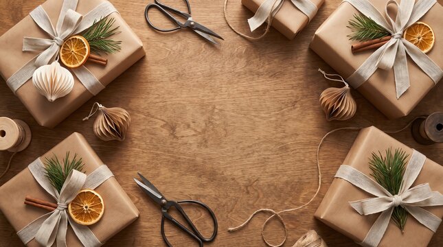 Christmas Gift Wrapping on Rustic Wood Background with Copy Space