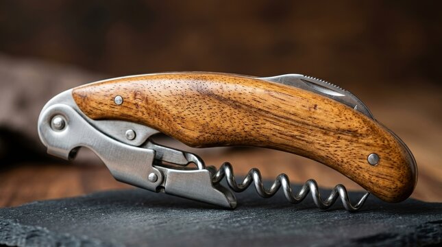 Classic wooden wine opener resting on a dark slate surface. Close up of a stainless steel waiter corkscrew with a wood grain handle. Professional sommelier bar tool