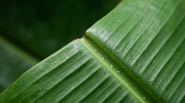 Close-up of vibrant green banana leaf with water droplets. Fresh tropical plant texture with parallel veins