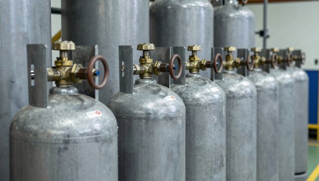 Row of industrial gas cylinders with brass valves and control wheels