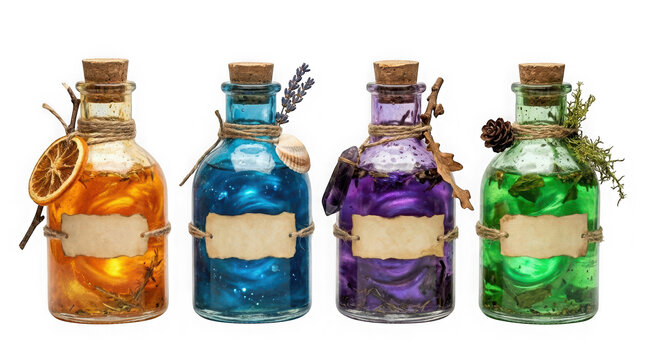 Set of four magical potion bottles with colorful liquids and natural decorations isolated on transparent background