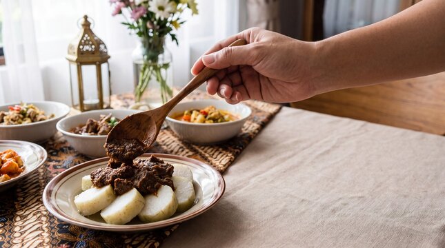 Hand spooning beef rendang onto plate with ketupat rice cake