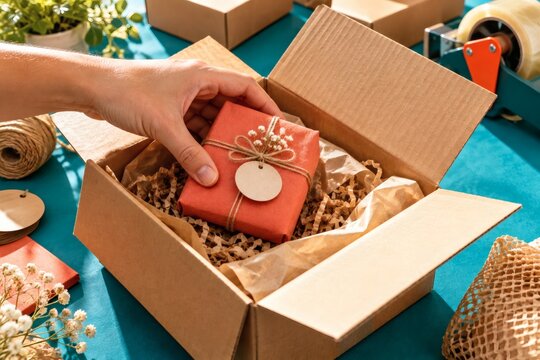 Hand placing a small red wrapped gift with twine and tag into a shipping box