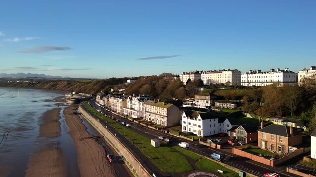 Aerial Low Angle View of Filey Seaside Houses with Beach and Wide Yorkshire Coast