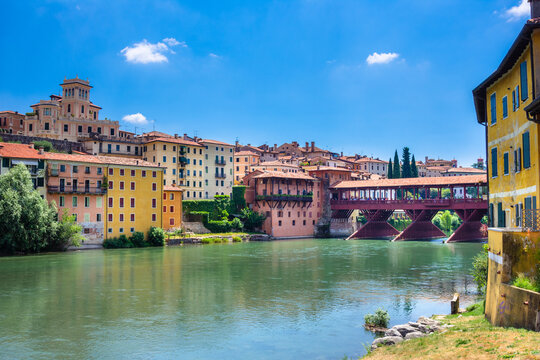 Ponte Vecchio or Ponte degli Alpini over the Brenta River in Bassano del Grappa, Veneto, Italy