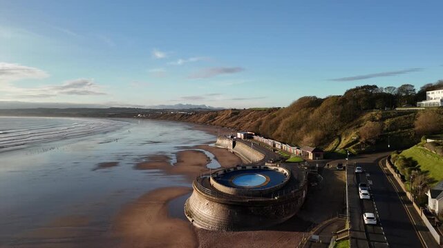 Aerial View of Filey Coble Landing with Iconic Round Pavilion and Sandy Beach
