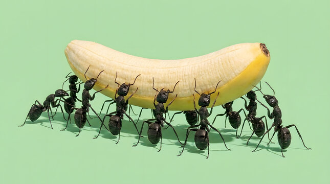 A group of worker ants carrying a single banana together as a team concept on light green background