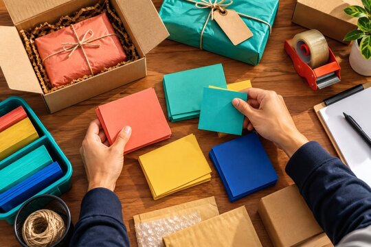 Hands arranging colorful sticky notes and gift-wrapped packages