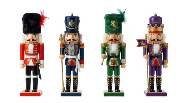 Four decorative wooden nutcracker figurines in various colorful military uniforms isolated on transparent background