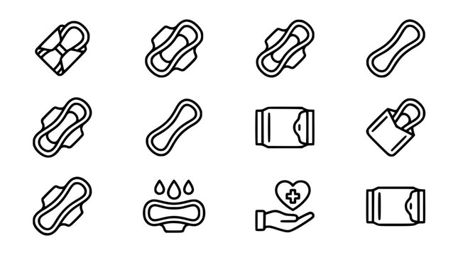 Feminine Hygiene and Menstrual Period Care Icon Set Featuring Sanitary Pads with Wings, Pantyliners, Individually Wrapped Pouches, and Hand Holding Heart Medical Protection Line Art Graphics