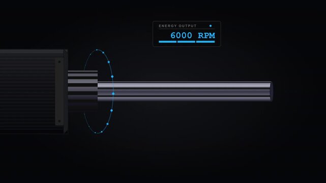 A rotating industrial shaft converts increasing RPM into visible energy output.