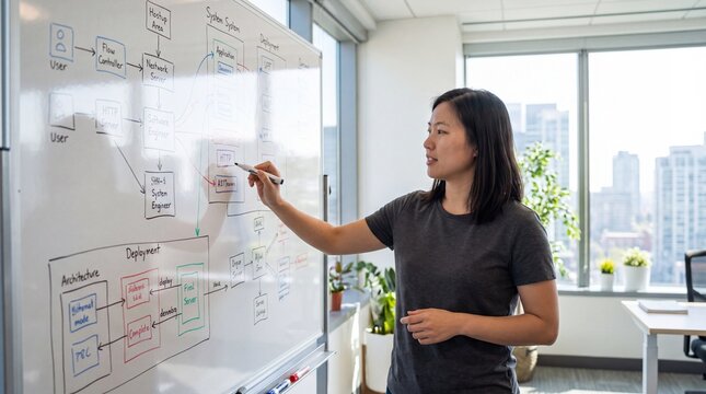 Software Engineer Analyzing Code Architecture and Deployment Workflow on Whiteboard