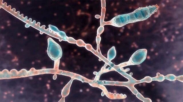 Microsporum audouinii, 3D animation. Dermatophyte fungus associated with tinea capitis and other superficial infections of keratinised tissues, especially scalp hair and skin.