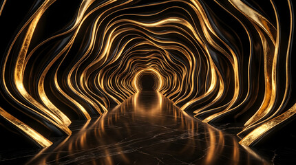 Fototapeta premium Dramatic golden tunnel with flowing organic curves, glossy black surfaces and reflective marble flooring.
