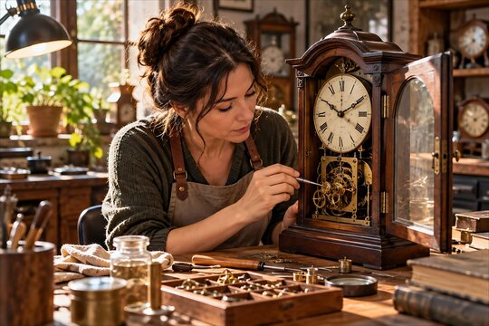 Woman restoring an antique clock mechanism in a workshop