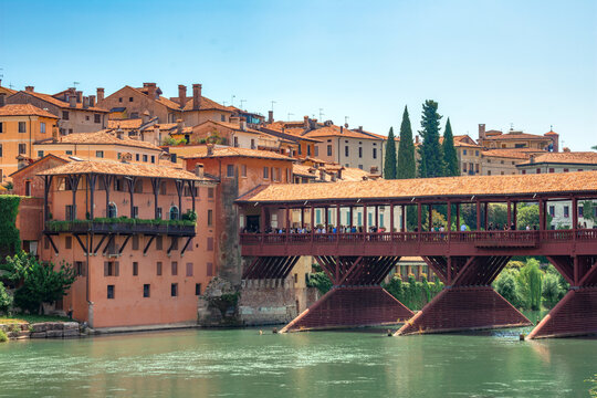 Ponte Vecchio or Ponte degli Alpini over the Brenta River in Bassano del Grappa, Veneto, Italy