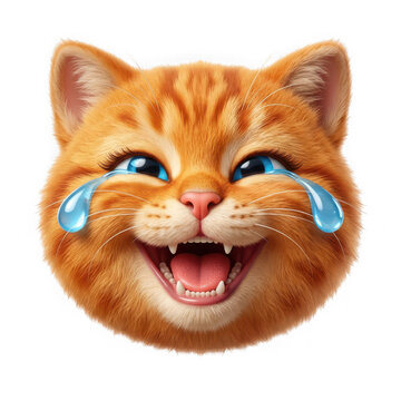 Funny orange cat face laughing out loud with tears of joy isolated on transparent background