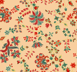 seamless floral pattern Art Beautiful seamless floral pattern featuring hand-painted flowers, ornamental paisley motifs, and decorative foliage in soft pastel and vibrant hues. The design combines pi  © Venkatsai