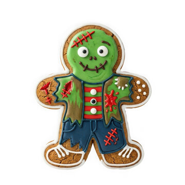 Zombie gingerbread man cookie decorated with green icing and red stitches isolated on transparent background