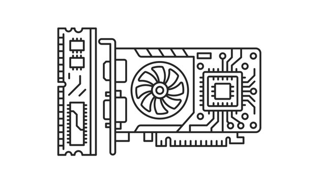 Computer hardware components icon, featuring  a graphics card and a ram memory module, line art style illustration for technology and pc building concepts