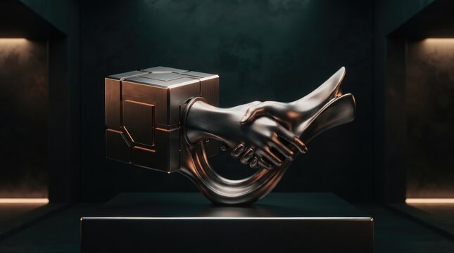 3d AI & Human Collaboration abstract background new design 2026 3d handshake with digital box and futuristic glove illustration