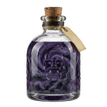 Glass bottle with cork stopper containing purple swirling smoke and a skull silhouette isolated on transparent background