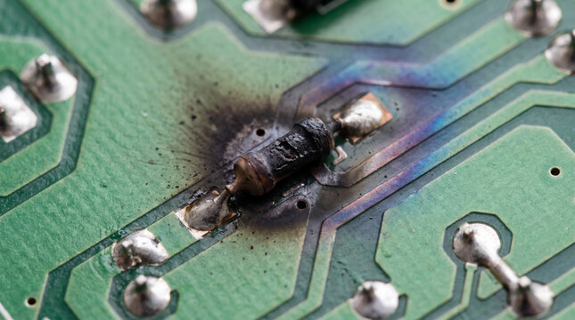 Burnt electronic component on a green circuit board, indicating a short circuit and hardware failure
