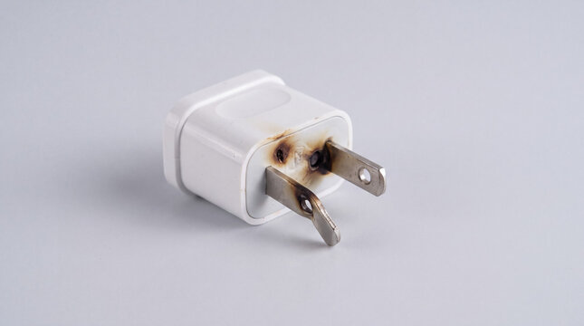 Damaged power adapter showing charred electrical contacts, representing potential dangers like overheating, fire, and circuit failure