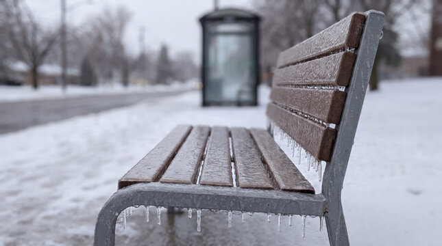 Park bench covered in thick ice and icicles during a severe freezing rain storm, creating a cold winter scene