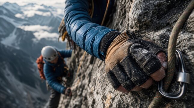 Mountain adventure concept, climbers ascending rocky cliffs in a dramatic mountain range
