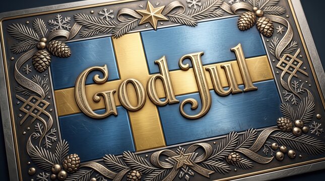 Luxury Swedish Christmas greeting card featuring an embossed metal flag, Nordic ornaments and elegant God Jul typography