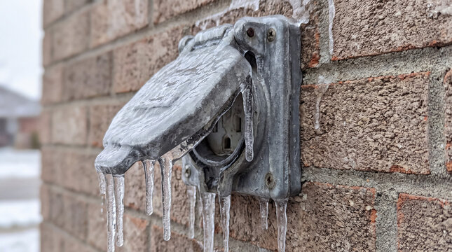 Outdoor electrical outlet covered in ice and icicles during freezing winter weather, presenting a potential hazard