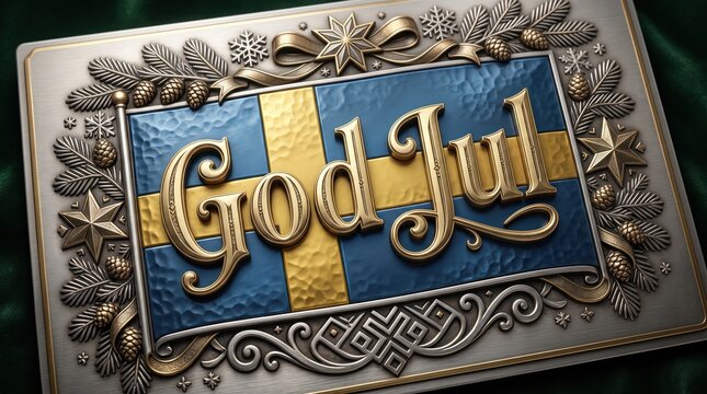 Luxury Swedish Christmas greeting card featuring an embossed metal flag, Nordic ornaments and elegant God Jul typography