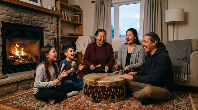 Indigenous family gathers around a large drum, playing music and sharing laughter by a cozy fireplace