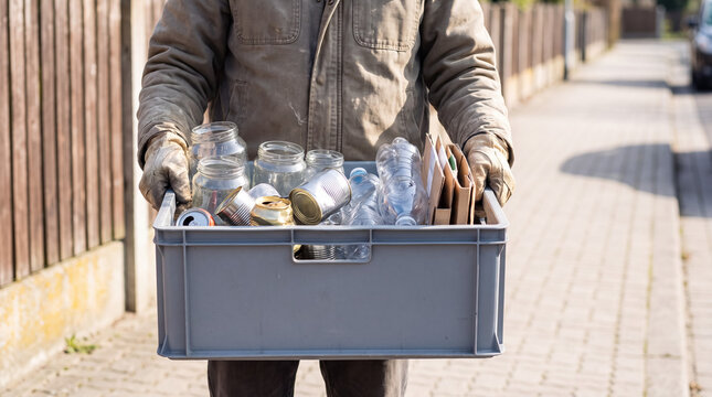 Person carrying a crate full of sorted household waste for recycling, focusing on sustainability and eco friendly living