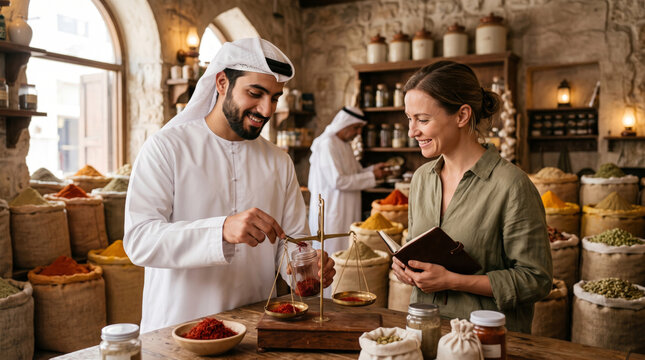 Man in traditional Arabic clothing weighs saffron for a smiling woman holding a notebook in a spice market