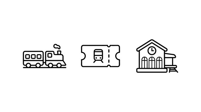 Three minimalist icons of train ticket and station building with art on transparent background