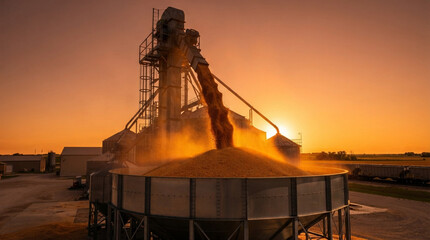 A grain silo at sunset on a farm landscape, showcasing an industrial yet serene mood. The side view highlights the metal and concrete structure against the vibrant orange and yellow sky. © ikura