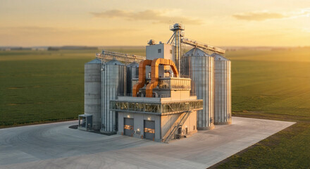 an aerial view of stationary grain silos in an agricultural field, featuring metal and concrete structures with silver and orange accents, illuminated by industrial lighting, food. © ikura