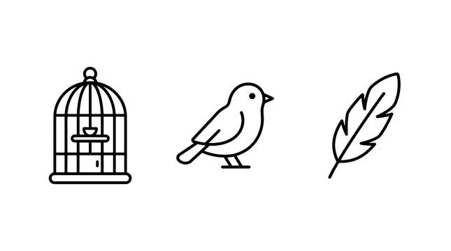 Simple line drawing of bird cage and leaf with black outline on transparent background