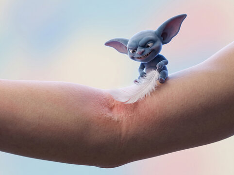 Itch gremlin tickling an inner elbow with a feather, funny eczema itch concept