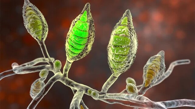 Microsporum canis, 3D animation. Zoophilic dermatophyte fungus causing tinea capitis, tinea corporis and other superficial infections of hair and skin in humans and animals.