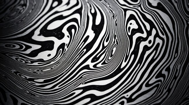 Macro closeup of Damascus steel pattern with wavy black, white lines. Intricate metallic texture shows organic swirling shapes, flowing liquid metal curves. Dark monochrome background with silver