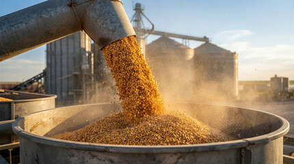 Corn kernels are being poured into a metal bin in an agricultural facility with silos and storage tanks, showcasing a side view of the industrial and productive setting. The scene featuresa. © ikura